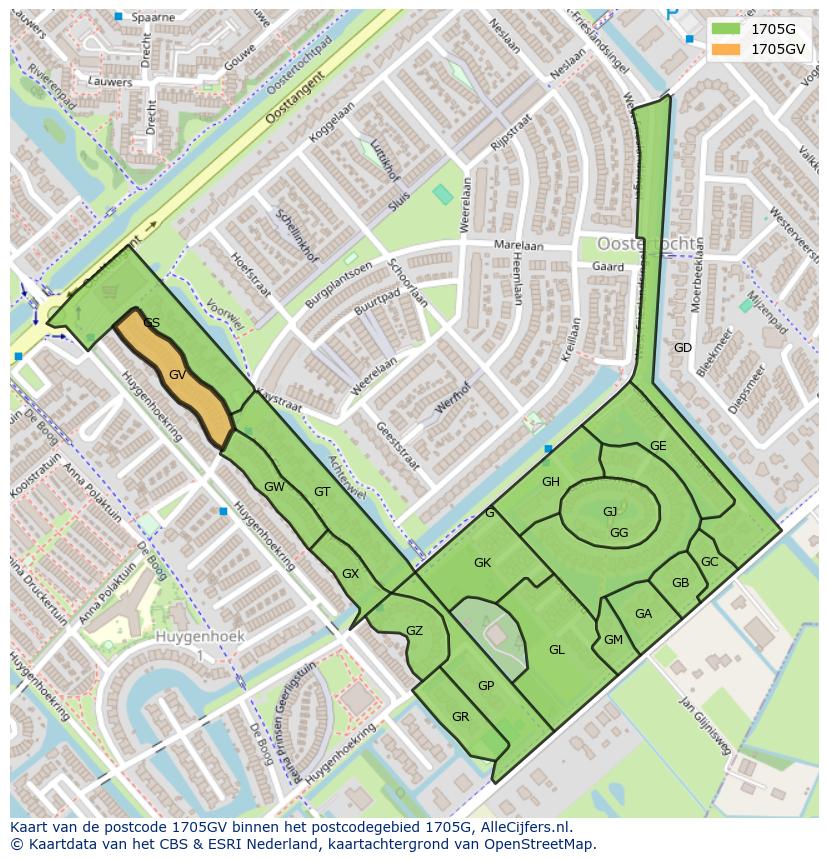 Afbeelding van het postcodegebied 1705 GV op de kaart.