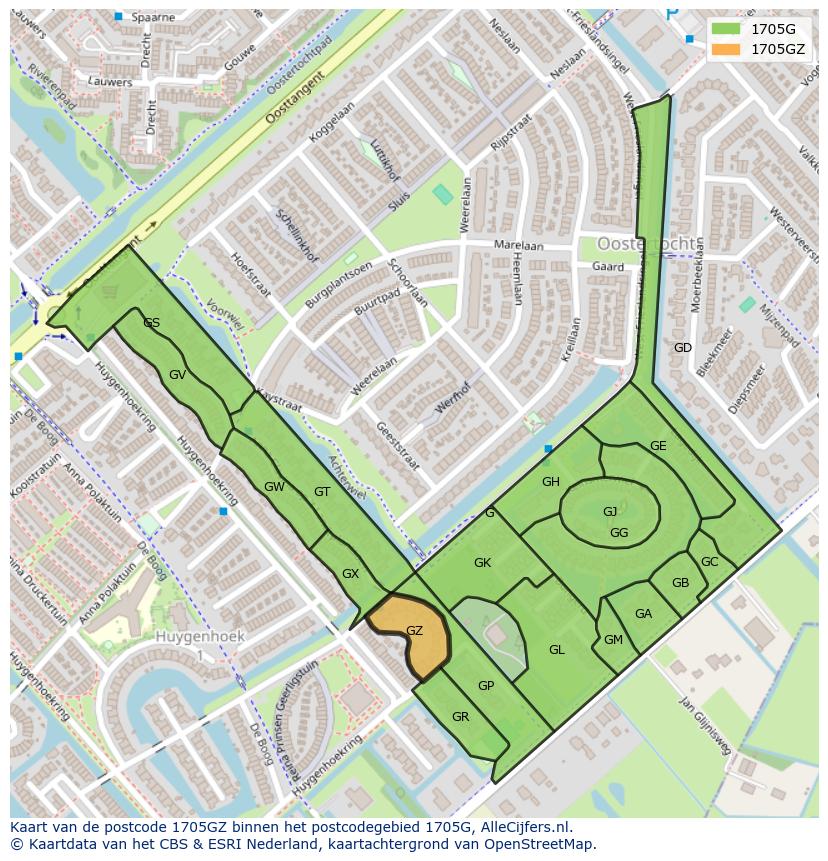 Afbeelding van het postcodegebied 1705 GZ op de kaart.