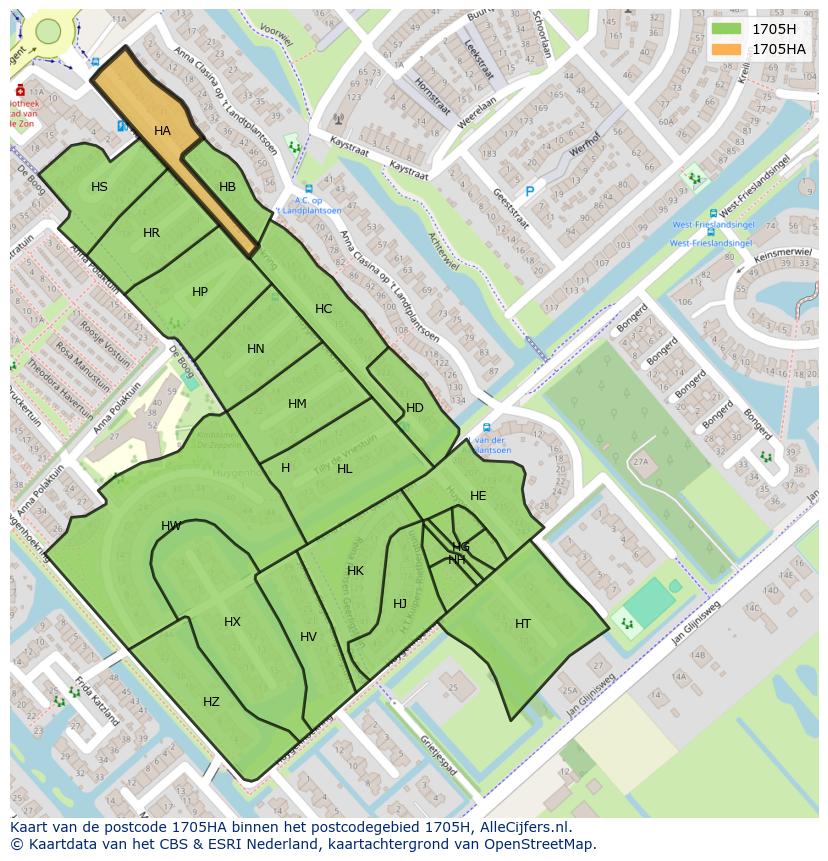 Afbeelding van het postcodegebied 1705 HA op de kaart.