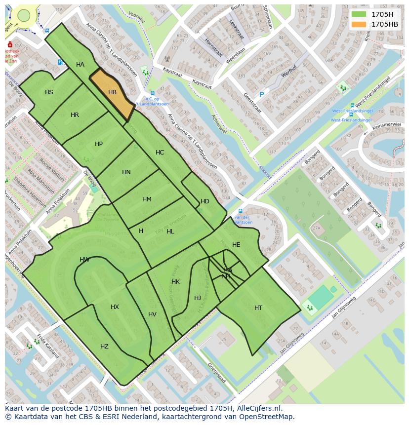 Afbeelding van het postcodegebied 1705 HB op de kaart.