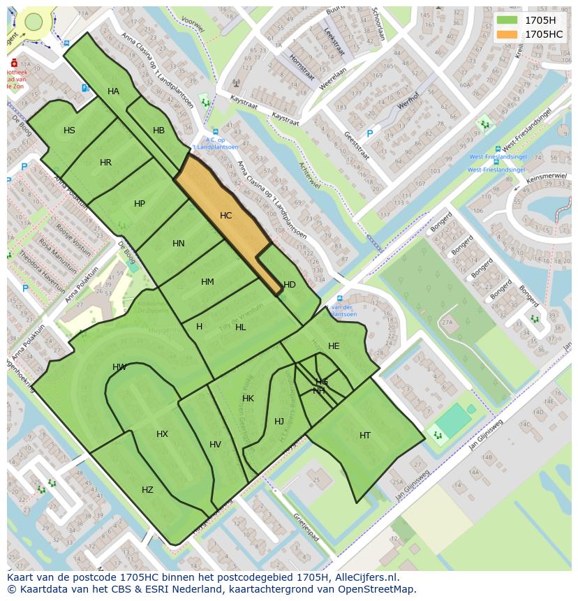 Afbeelding van het postcodegebied 1705 HC op de kaart.