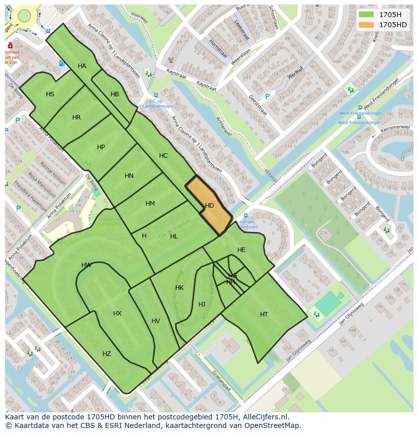 Afbeelding van het postcodegebied 1705 HD op de kaart.