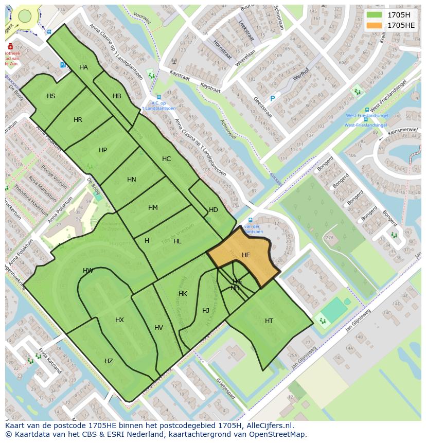 Afbeelding van het postcodegebied 1705 HE op de kaart.