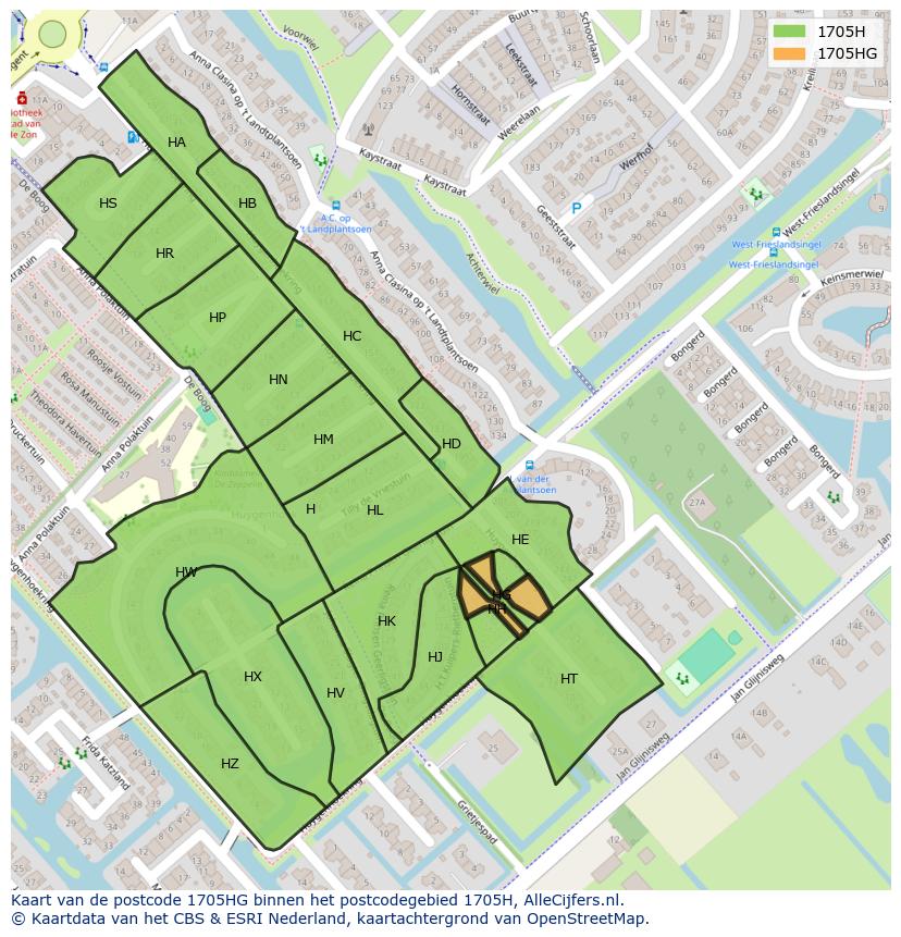 Afbeelding van het postcodegebied 1705 HG op de kaart.
