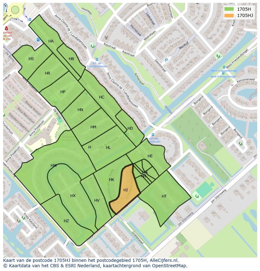 Afbeelding van het postcodegebied 1705 HJ op de kaart.