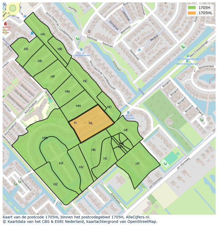 Afbeelding van het postcodegebied 1705 HL op de kaart.
