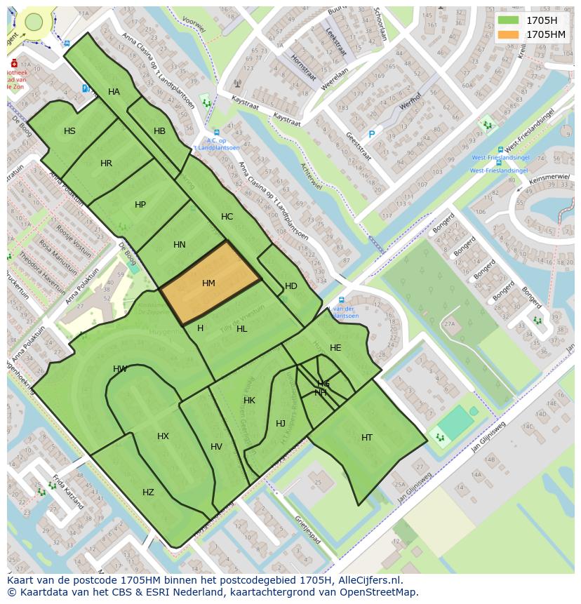 Afbeelding van het postcodegebied 1705 HM op de kaart.