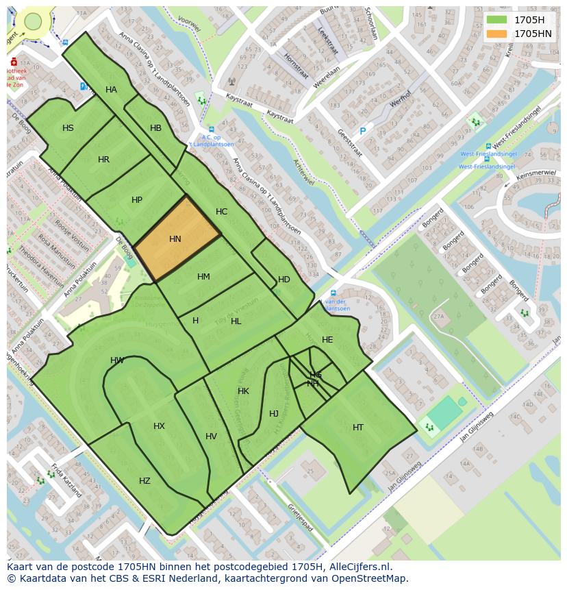 Afbeelding van het postcodegebied 1705 HN op de kaart.