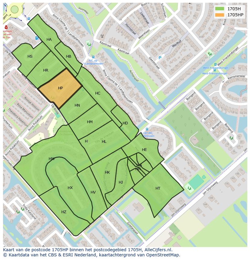 Afbeelding van het postcodegebied 1705 HP op de kaart.