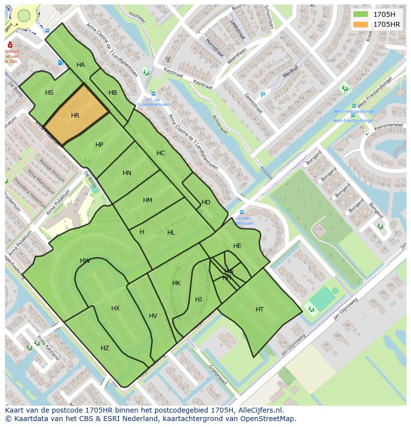 Afbeelding van het postcodegebied 1705 HR op de kaart.
