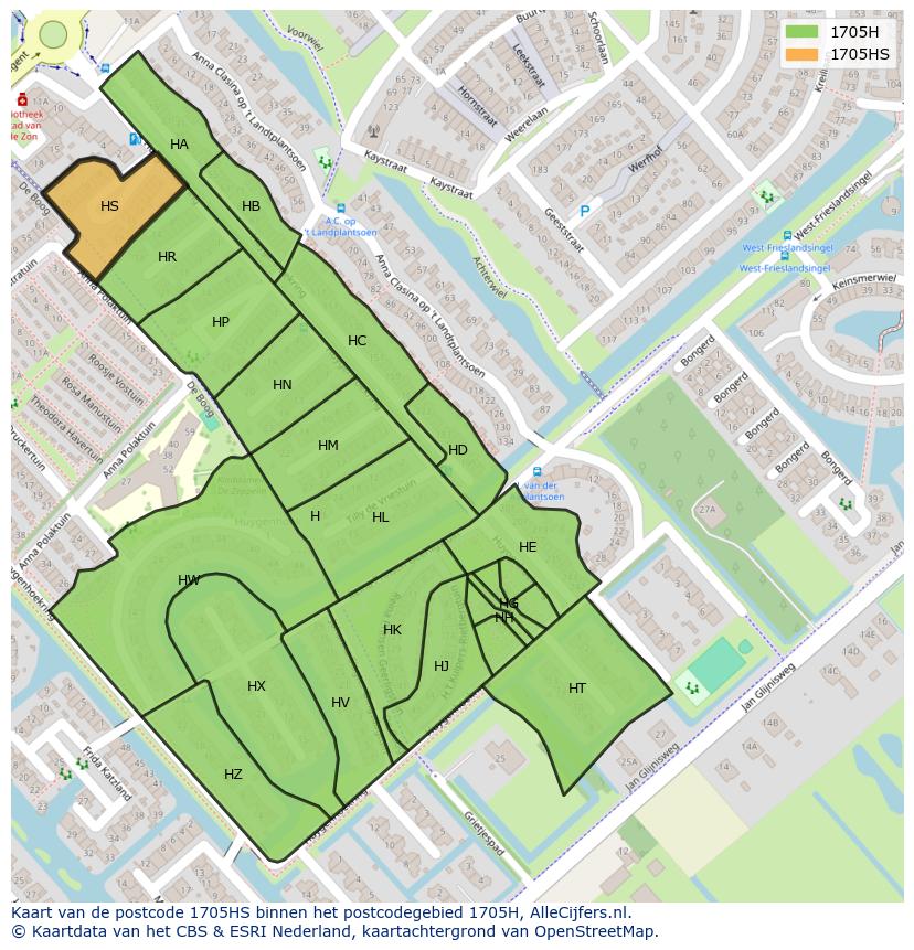 Afbeelding van het postcodegebied 1705 HS op de kaart.