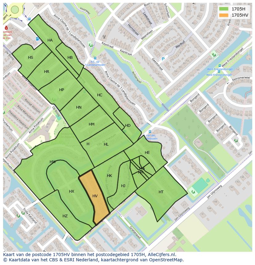 Afbeelding van het postcodegebied 1705 HV op de kaart.