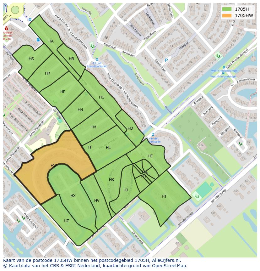 Afbeelding van het postcodegebied 1705 HW op de kaart.
