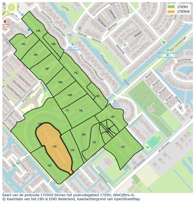 Afbeelding van het postcodegebied 1705 HX op de kaart.