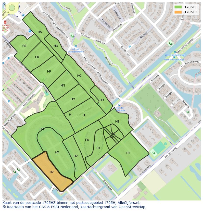 Afbeelding van het postcodegebied 1705 HZ op de kaart.