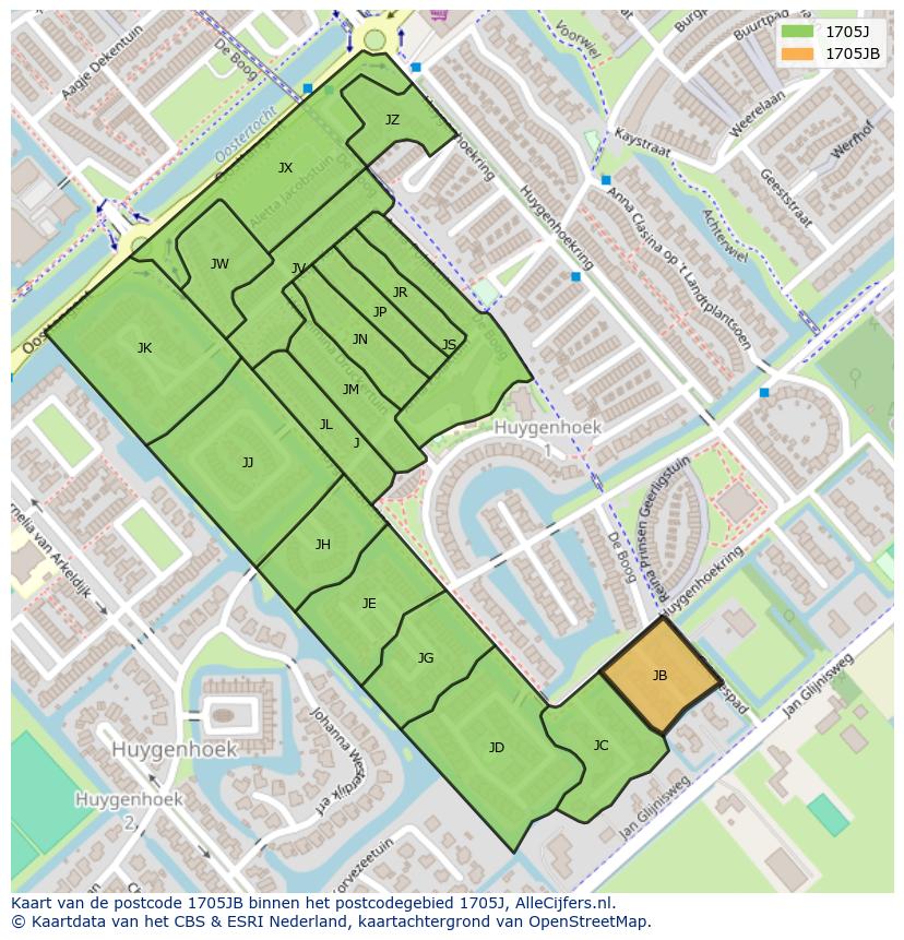 Afbeelding van het postcodegebied 1705 JB op de kaart.