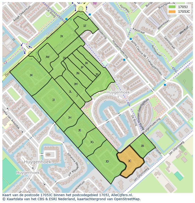 Afbeelding van het postcodegebied 1705 JC op de kaart.