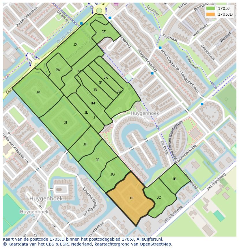 Afbeelding van het postcodegebied 1705 JD op de kaart.