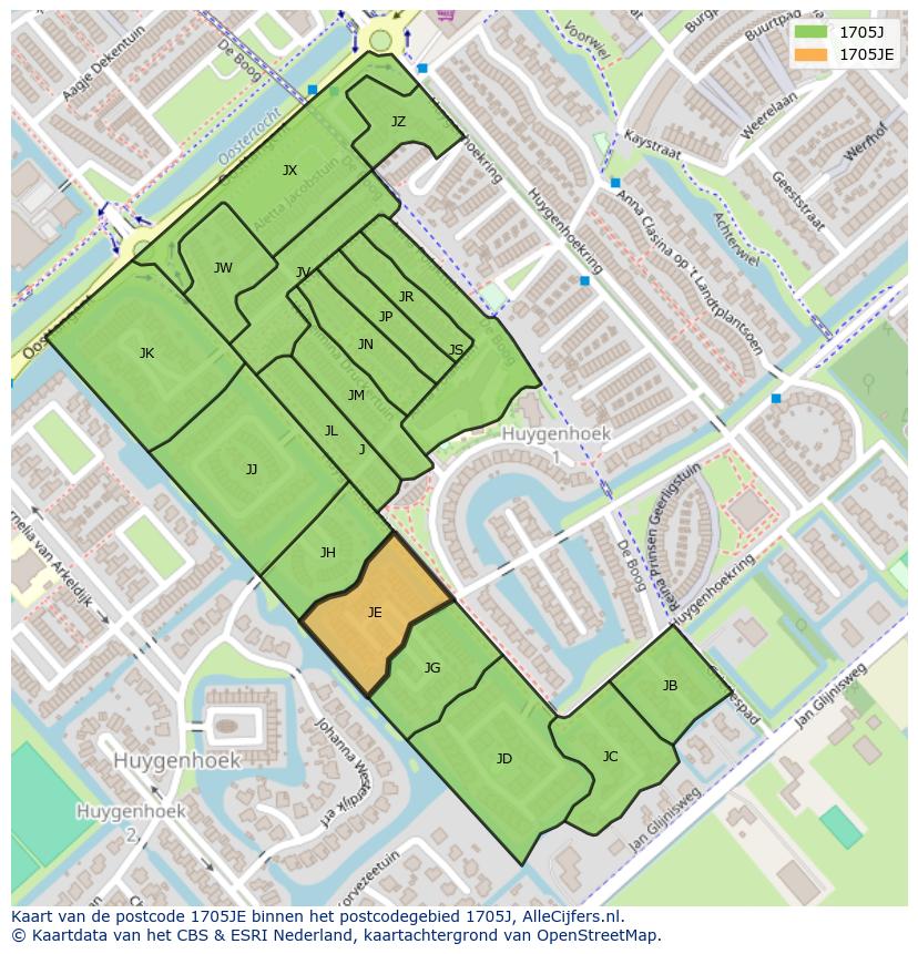Afbeelding van het postcodegebied 1705 JE op de kaart.