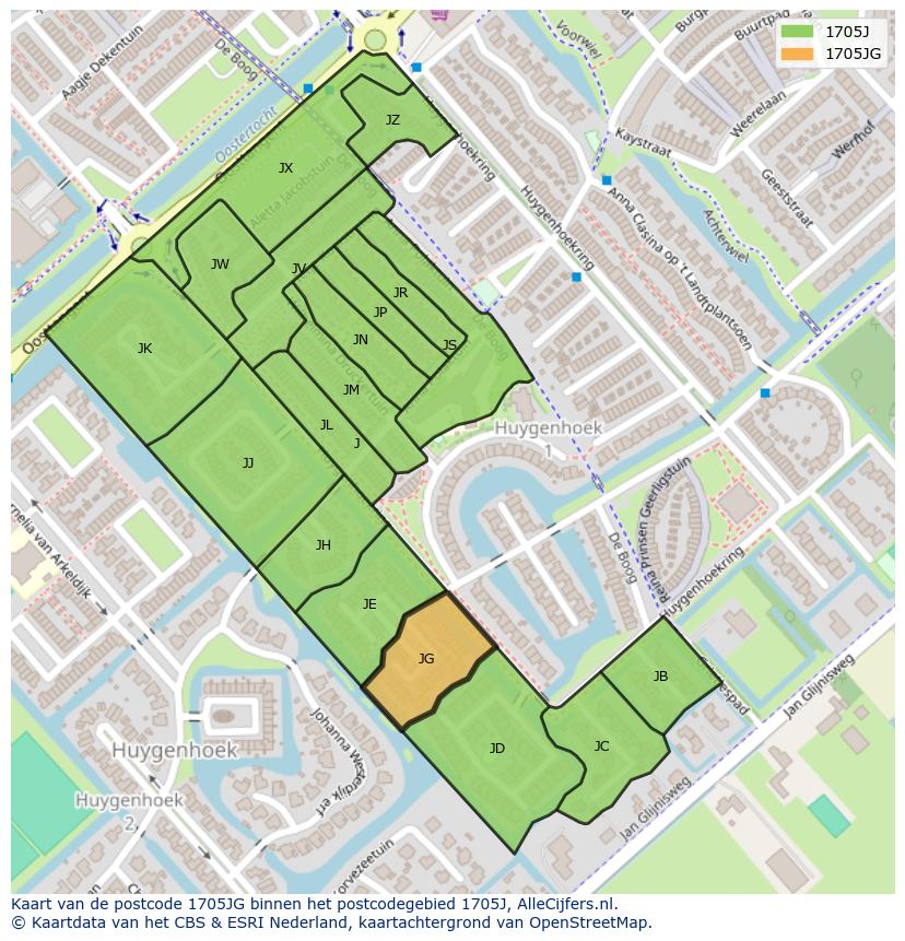 Afbeelding van het postcodegebied 1705 JG op de kaart.