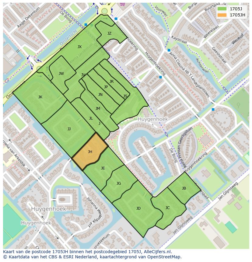 Afbeelding van het postcodegebied 1705 JH op de kaart.