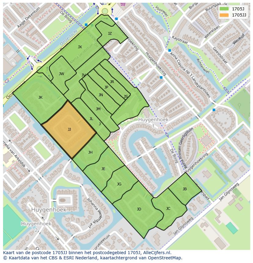 Afbeelding van het postcodegebied 1705 JJ op de kaart.