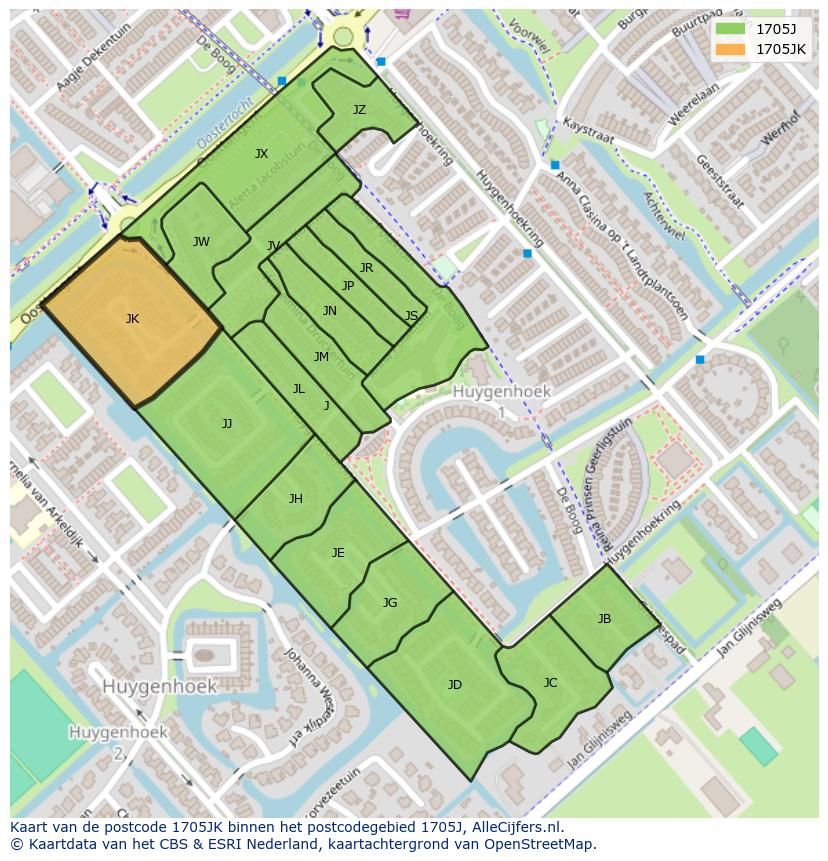 Afbeelding van het postcodegebied 1705 JK op de kaart.