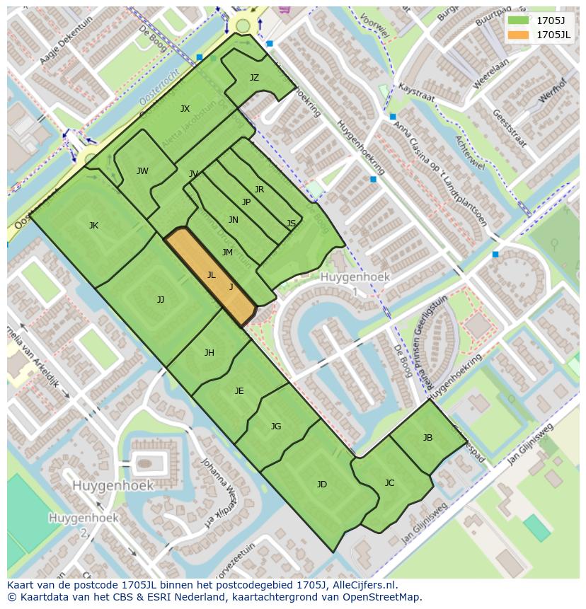 Afbeelding van het postcodegebied 1705 JL op de kaart.