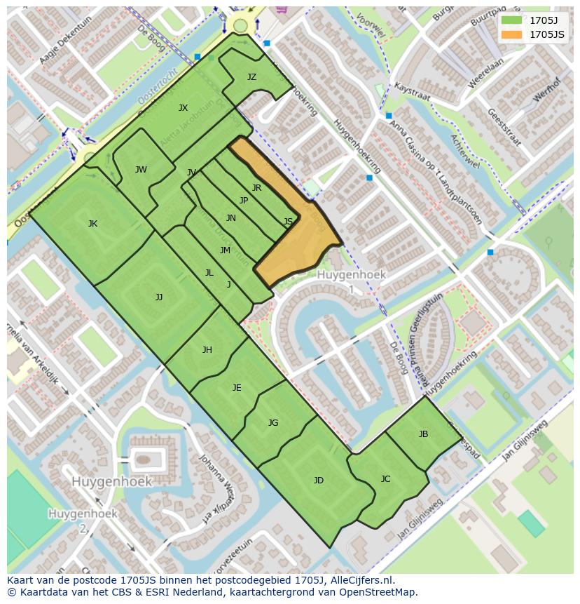 Afbeelding van het postcodegebied 1705 JS op de kaart.