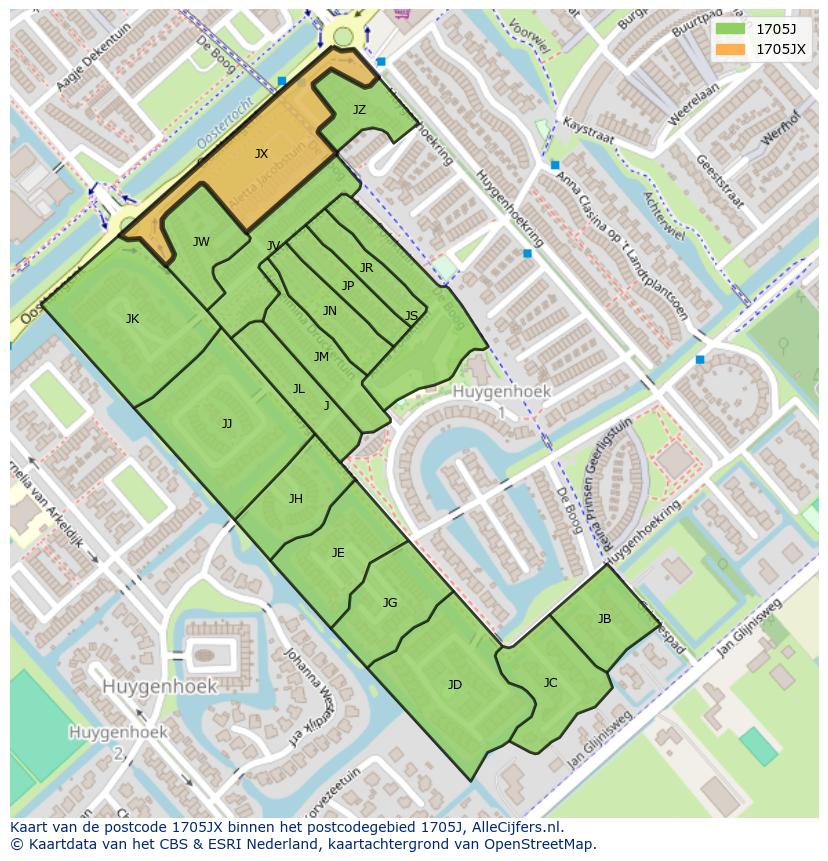 Afbeelding van het postcodegebied 1705 JX op de kaart.