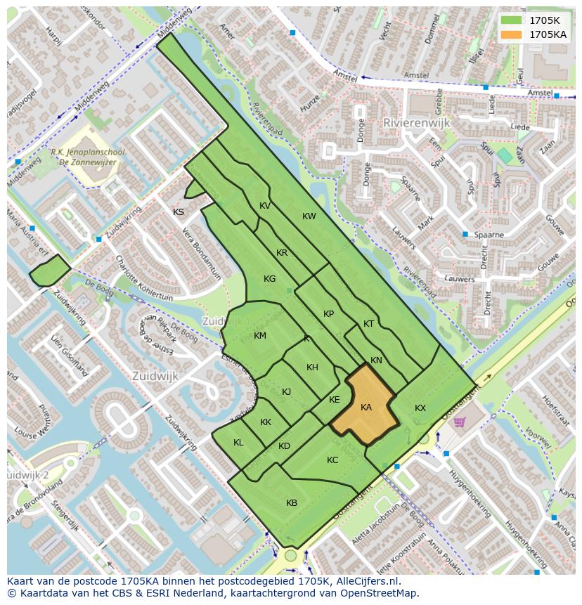 Afbeelding van het postcodegebied 1705 KA op de kaart.