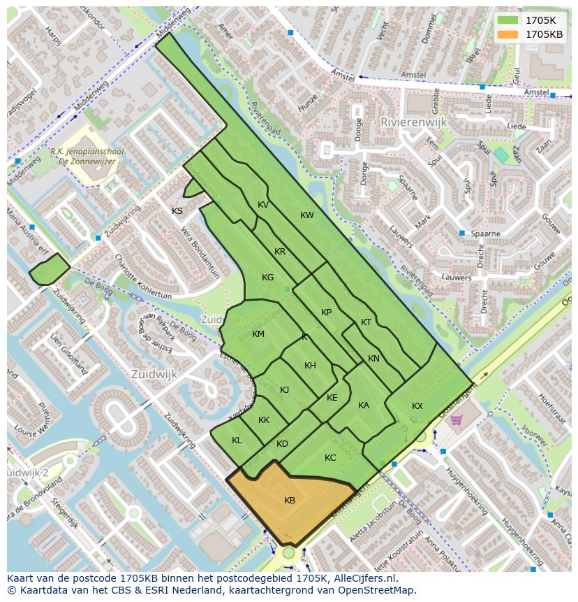Afbeelding van het postcodegebied 1705 KB op de kaart.