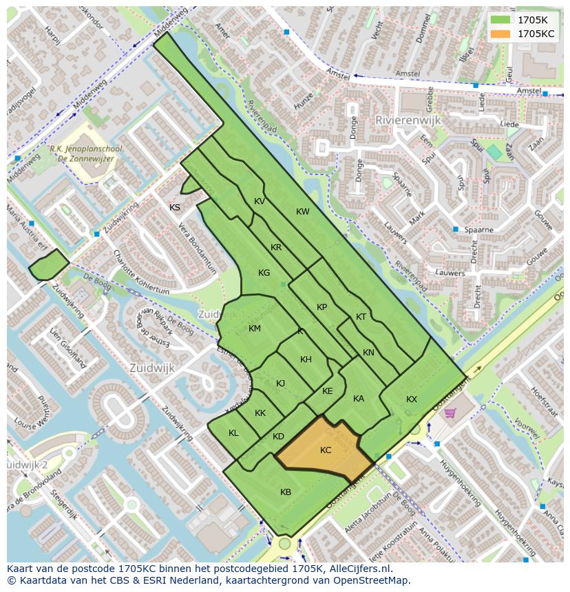 Afbeelding van het postcodegebied 1705 KC op de kaart.