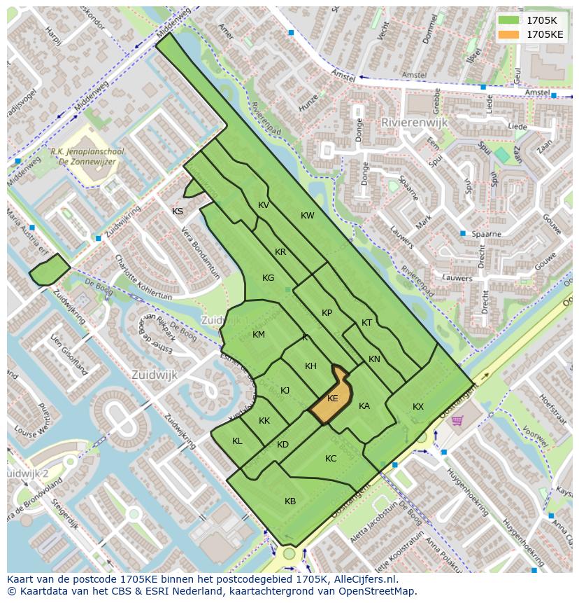 Afbeelding van het postcodegebied 1705 KE op de kaart.