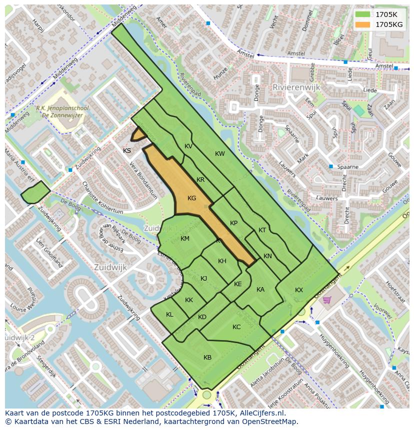Afbeelding van het postcodegebied 1705 KG op de kaart.