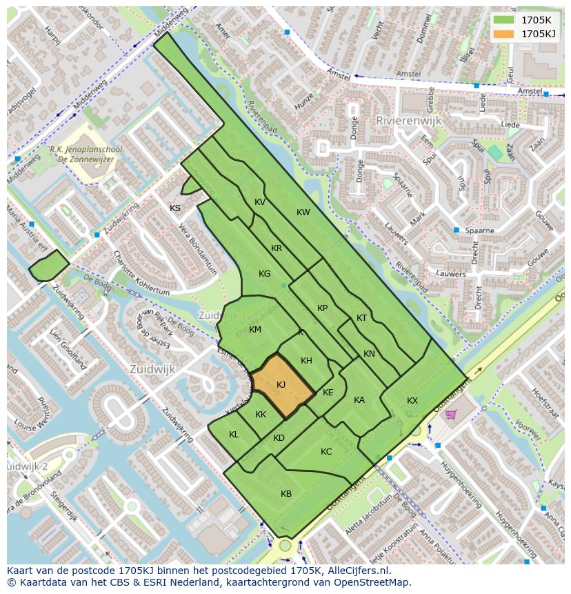 Afbeelding van het postcodegebied 1705 KJ op de kaart.