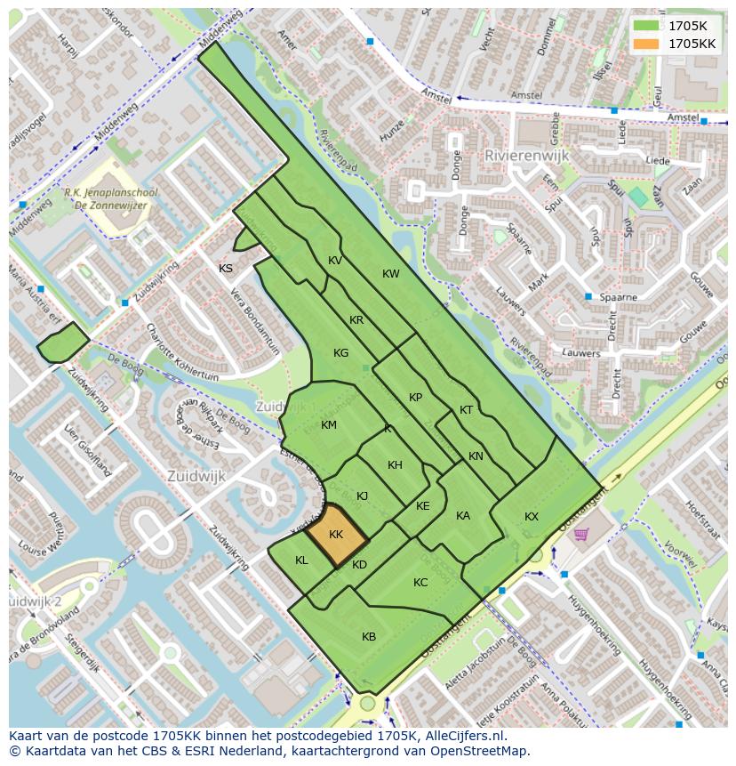 Afbeelding van het postcodegebied 1705 KK op de kaart.