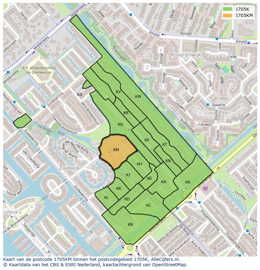 Afbeelding van het postcodegebied 1705 KM op de kaart.