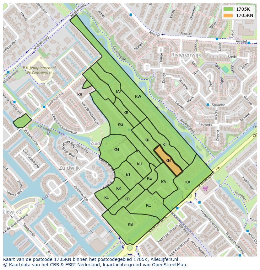Afbeelding van het postcodegebied 1705 KN op de kaart.