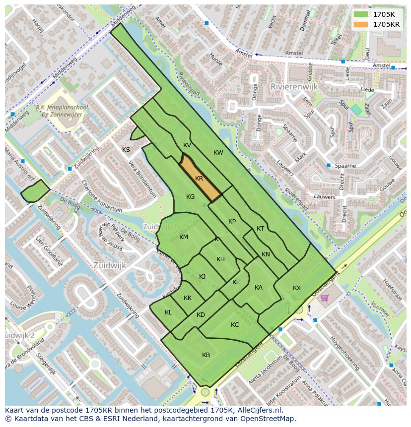 Afbeelding van het postcodegebied 1705 KR op de kaart.