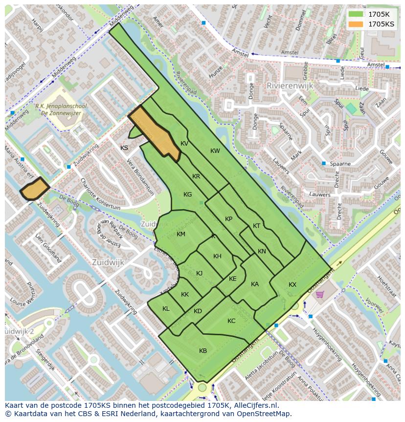 Afbeelding van het postcodegebied 1705 KS op de kaart.