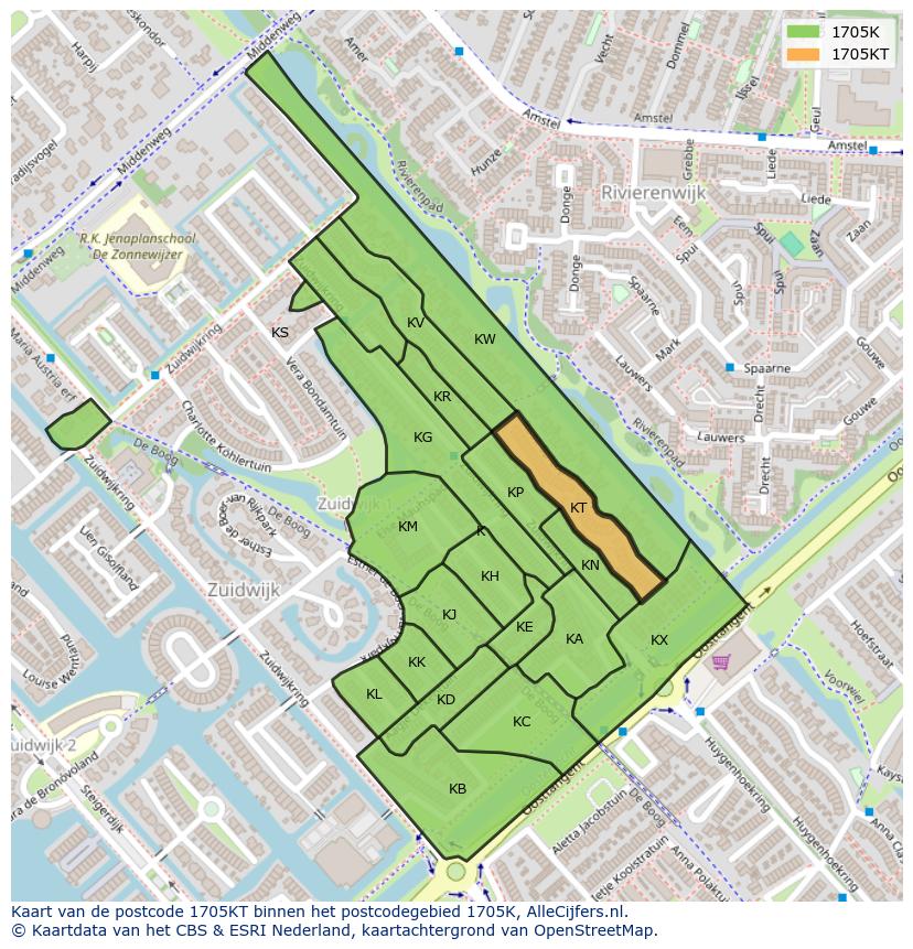 Afbeelding van het postcodegebied 1705 KT op de kaart.