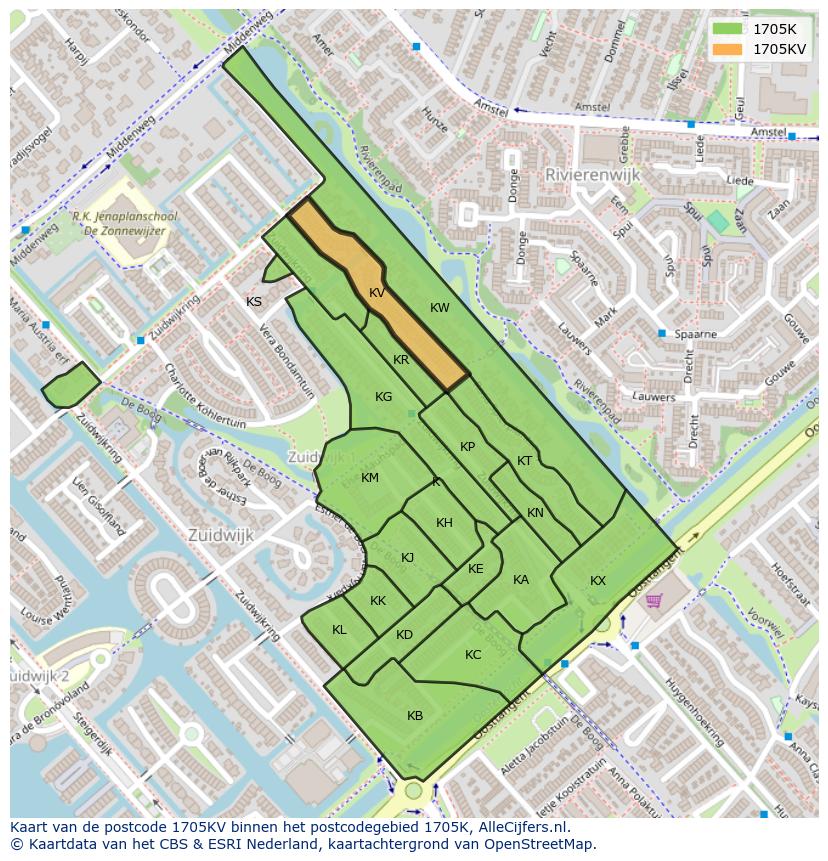 Afbeelding van het postcodegebied 1705 KV op de kaart.