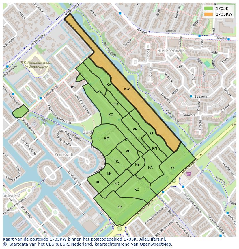 Afbeelding van het postcodegebied 1705 KW op de kaart.
