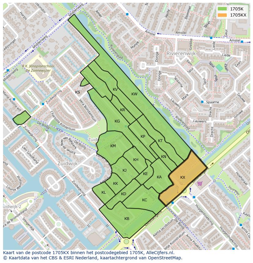 Afbeelding van het postcodegebied 1705 KX op de kaart.