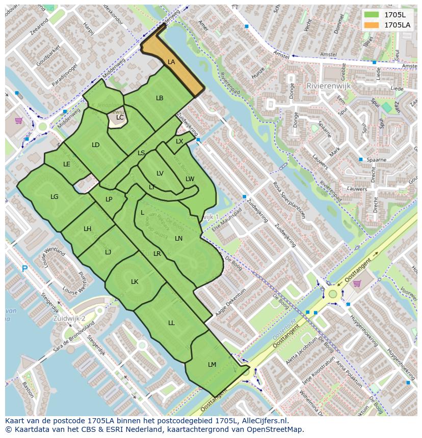 Afbeelding van het postcodegebied 1705 LA op de kaart.