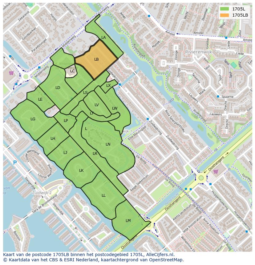 Afbeelding van het postcodegebied 1705 LB op de kaart.
