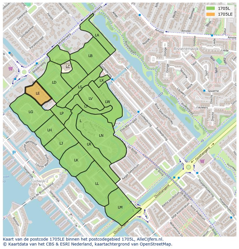 Afbeelding van het postcodegebied 1705 LE op de kaart.