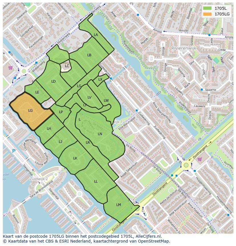 Afbeelding van het postcodegebied 1705 LG op de kaart.