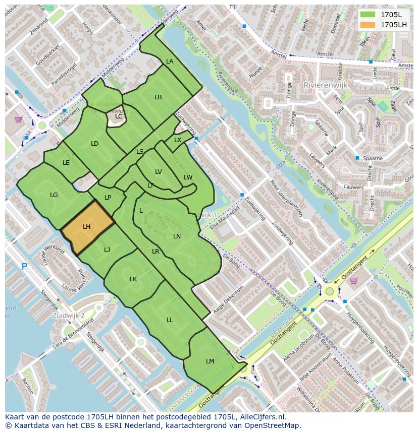 Afbeelding van het postcodegebied 1705 LH op de kaart.
